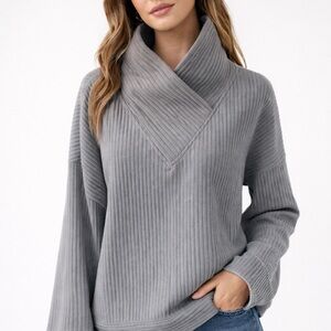 Tahari Gray Ribbed Cowl Neck Hoodie